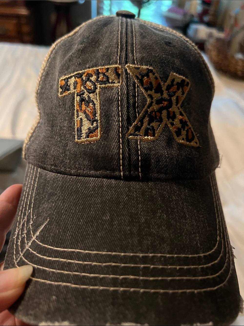 Embroidered 'TX' Leopard Patch Distressed Black Baseball Cap